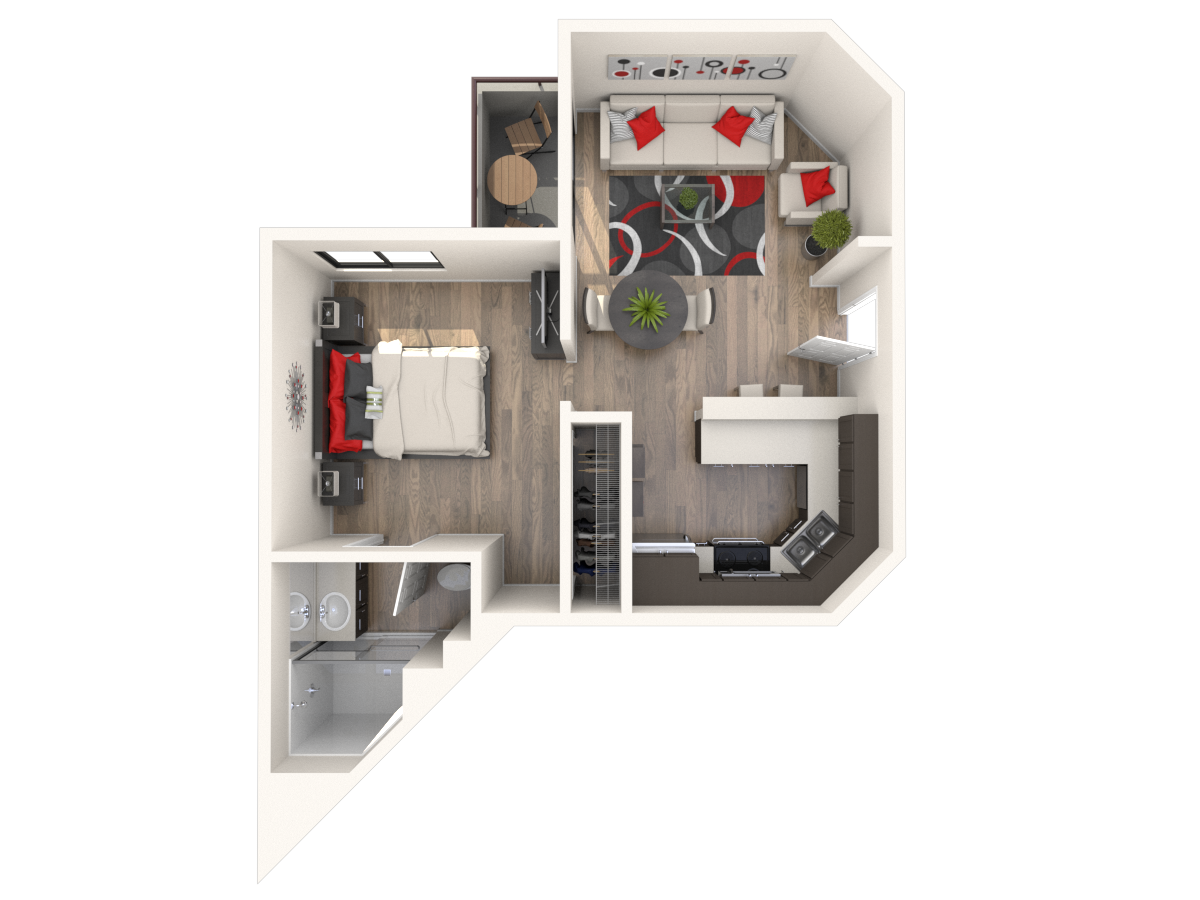 Floor plan for 1 bed, 1 bath, 493 sqft